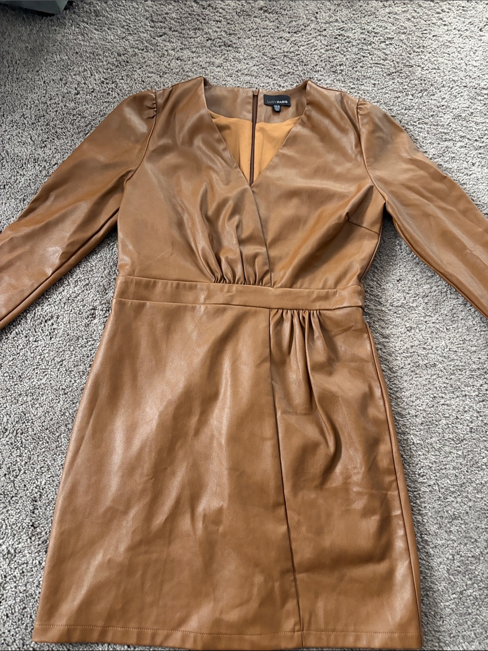 Lucy Paris Cognac Faux Leather Long Sleeve Wrap Dress
